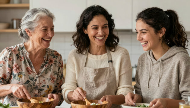 Three Generations of Women Laughing Together in Family Kitchen