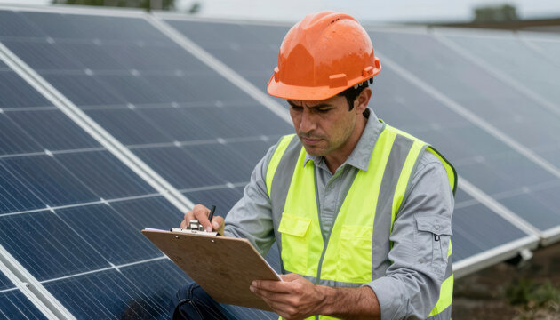 Solar Engineer Inspecting Photovoltaic Panel at Energy Farm