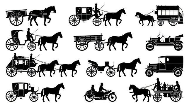 Vintage horse drawn carriages and early automobiles retro vehicle icons