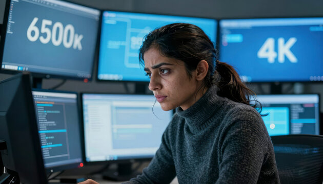 AI Researcher Analyzing Complex Data on Multiple High-Res Monitors