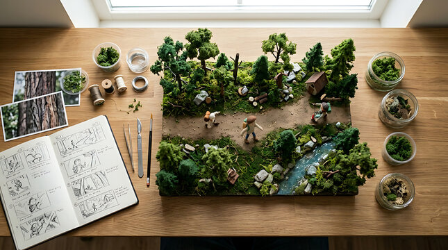 A stop motion scene setup with miniature forest and figures on a wooden table indoors.