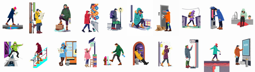 Set of Eighteen Diverse Urban Explorers and Travelers in Winter Outfits Engaged in Various City Activities, Flat Vector Illustration Collection. © Asep