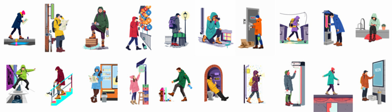 Set of Eighteen Diverse Urban Explorers and Travelers in Winter Outfits Engaged in Various City Activities, Flat Vector Illustration Collection.
