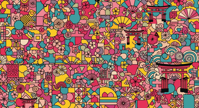 Vibrant Japanese Pattern: Torii Gates, Fans, Flowers, and Geometric Shapes