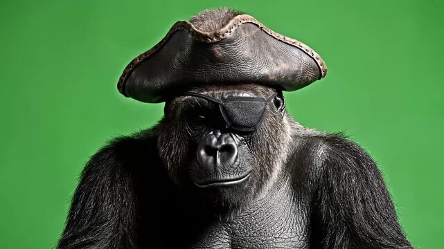 A gorilla dressed as a pirate with an eye patch and tricorn hat against a vibrant green background.