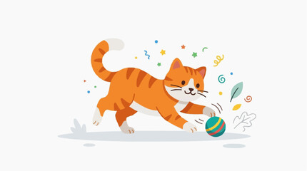 Fototapeta premium A playful cartoon cat energetically chases a colorful ball in a whimsical scene, conveying pure joy and playful spirit.