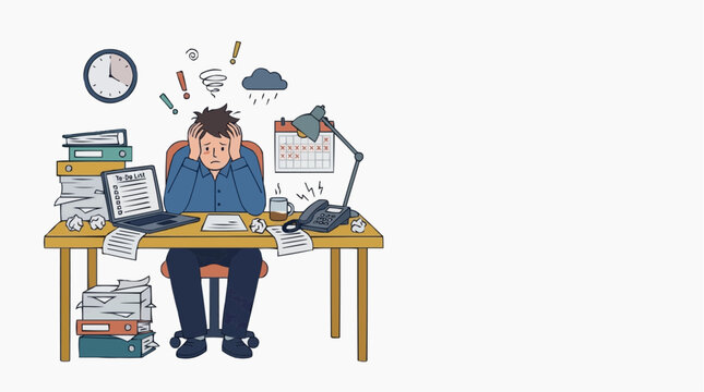 A person is overwhelmed by their hectic workload, illustrated with an array of symbols reflecting the stress of business in an office environment.