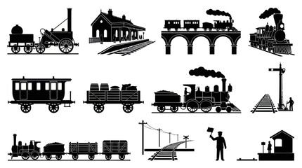 Obraz premium Vintage Railway Transportation Silhouettes: Trains, Stations Tracks Vector Icons Set
