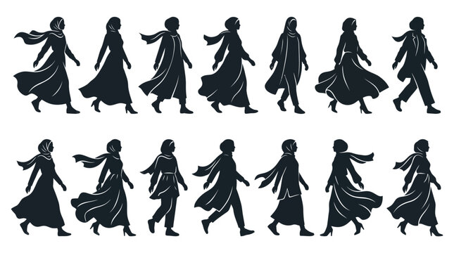 Diverse Muslim Women Walking Silhouettes - People and Culture Vector Glyph Art