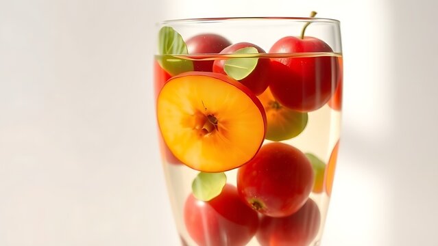 schnapps. Crystal glass filled with clear plum schnapps and whole fruits, natural light. bar promotions, beverage menus, designed for food & beverage menus and cafe branding.