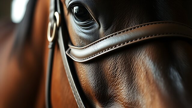 blinder. Extreme close-up view of a horse blinder, leather texture. wildlife magazines, conservation campaigns, designed for eco-tourism storytelling, used by graphic designers.