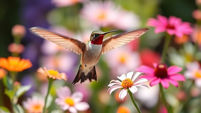 selectively. Hummingbird hovering at garden flowers with motion blur wings and floral background. wildlife magazines, conservation campaigns, designed for nature documentaries and education.