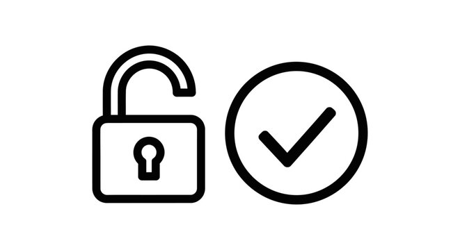 Unlocked padlock and checkmark icon for security and access granted with unlocked security protected checkmark verified approved confirmation completion illustration minimalist background