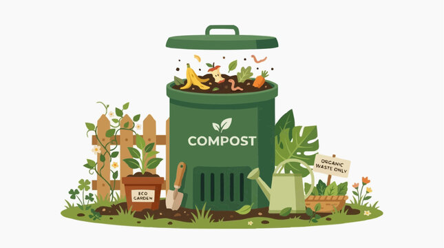 An illustrative depiction of an outdoor composting bin, with organic materials decomposing within, emphasizing eco-friendliness and sustainability. 