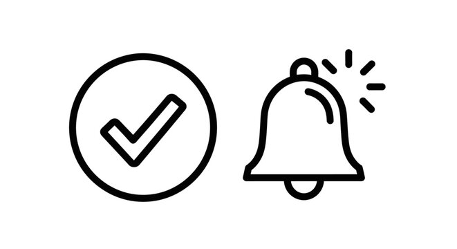 Checkmark in circle icon and ringing bell icon with checkmark complete confirmation notification reminder communication illustration minimalist progress agreement approval feedback