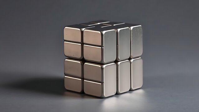 ferromagnetic. A solid cube formed by powerful silver-gray magnets on a plain background. STEM education sheets, lab safety posters, designed for biotech research communications.