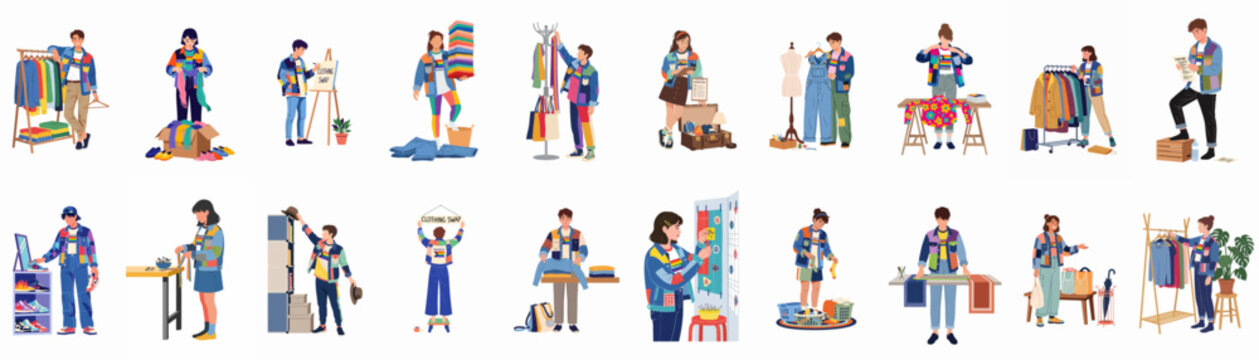 Diverse Young People Engaged in Sustainable Fashion Activities, Upcycling, Clothing Swaps, and Wardrobe Organization for a Circular Economy Environment.