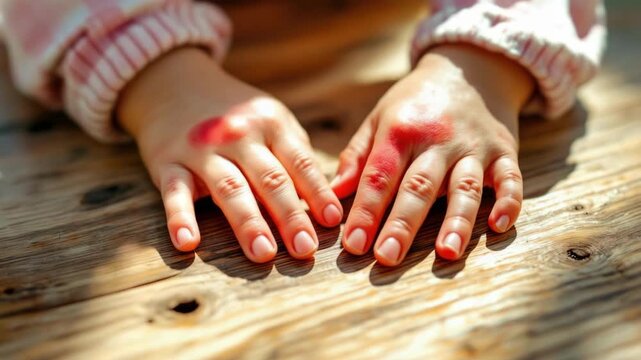 Young caucasian child's hands with skin rash on wooden surface