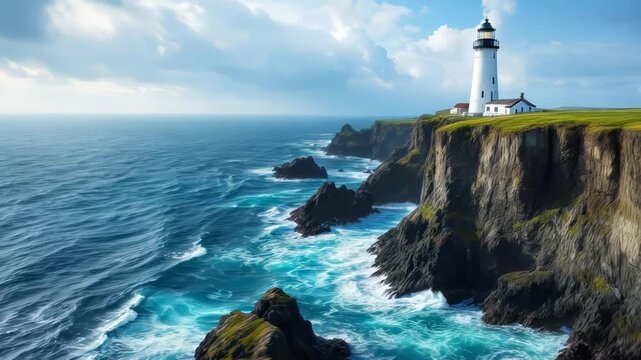 White lighthouse stands on dramatic rocky cliffs above turbulent ocean waves, cloudy sky in background, concept of resilience and coastal guardianship