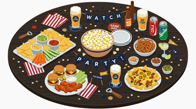 A festive illustration of a party spread, with beer, snack, nachos and many other party food ready on the table, inviting viewers to share in the lively atmosphere of the party.