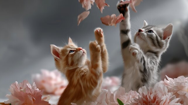 Two playful kittens reaching up to catch falling pink flower petals. Orange and grey tabby cats playing among spring blossoms on a grey background