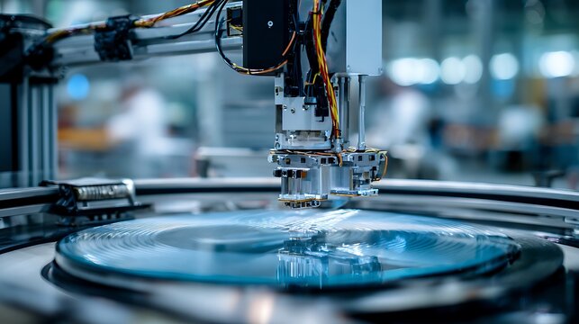 Industrial robotic arm manufacturing semiconductor silicon wafer in a high tech factory.