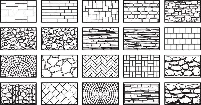 A set of twenty unique stone and brick wall patterns offers a comprehensive assortment of textures. These designs showcase an array of traditional building techniques.