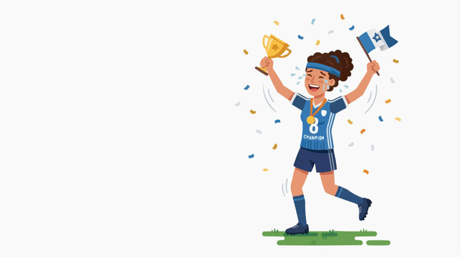 A soccer champion celebrates a hard-earned victory, holding a trophy and flag, against a background of confetti, full of elation and excitement.