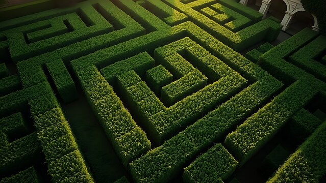 privet. Aerial view of a dense hedge maze in a classical garden. travel magazines, destination branding, designed for travel destination branding, elevates destination branding.