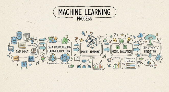 Machine learning process diagram with icons and text.