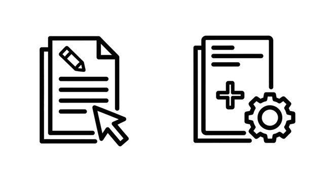 Policy editor and creator icons: document with pencil and gear document creation management settings configuration cogwheel addition guideline procedure software interface strategy