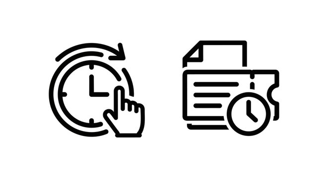 Pending status icons: clock with hand and ticket with clock processing selection document information confirmation approval application workflow progress incomplete procedure arrangement