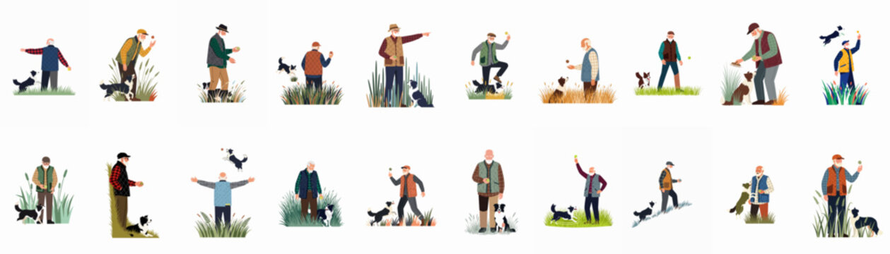 Collection of flat illustrations depicting an elderly man training and playing with his border collie dog in various outdoor grassy settings.