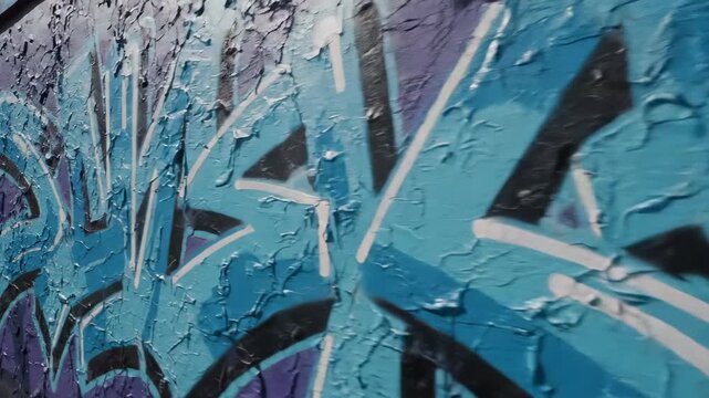 Close up perspective of a vibrant blue and purple graffiti mural on a textured urban wall.