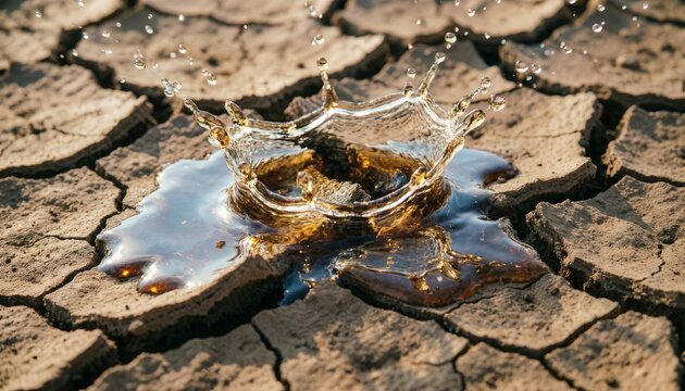 Golden liquid splash forming a crown on arid, sun-baked cracked ground