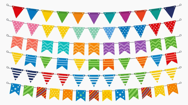 Colorful string flags on a vibrant holiday background, symbol of celebration. The pennant banners evoke a cheerful and festive atmosphere.