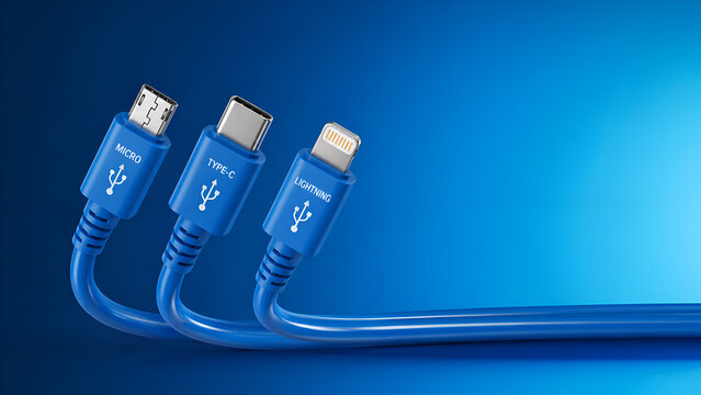 A hyper-realistic 16K macro DSLR studio image of three blue charging cable connectors: Micro USB, USB Type-C, and Lightning