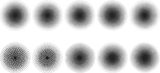 Obraz premium Halftone circle gradients set radial dot patterns black and white abstract textures retro print effect vector illustration collectio