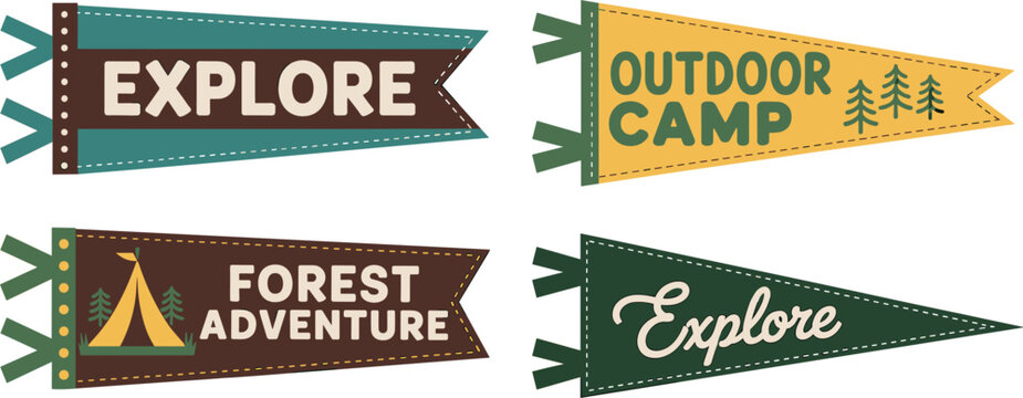 Vintage outdoor adventure badges with explore camp forest themed design