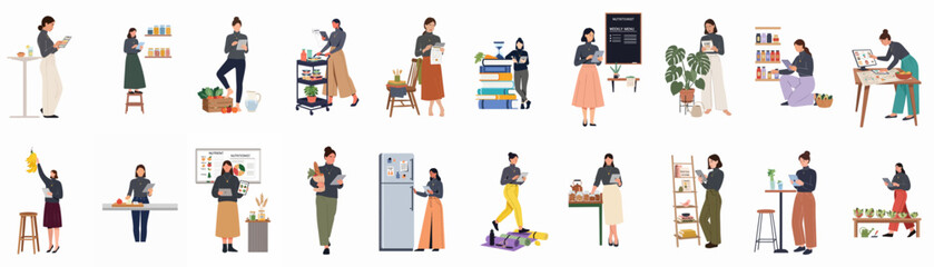 Fototapeta premium Collection of professional nutritionists and women managing healthy diets, meal planning, and wellness routines in flat illustration style.