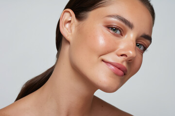 Obraz premium Young woman close up portrait with natural daylight illuminating skin, glowing complexion, subtle makeup, relaxed expression, soft smile