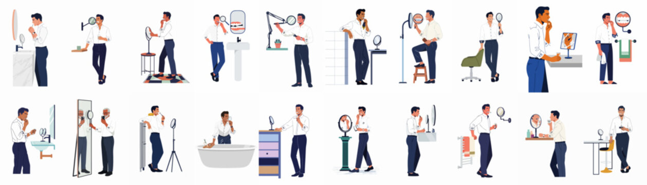 Collection of flat vector illustrations featuring a man performing various daily grooming routines, like brushing teeth and looking in the mirror.