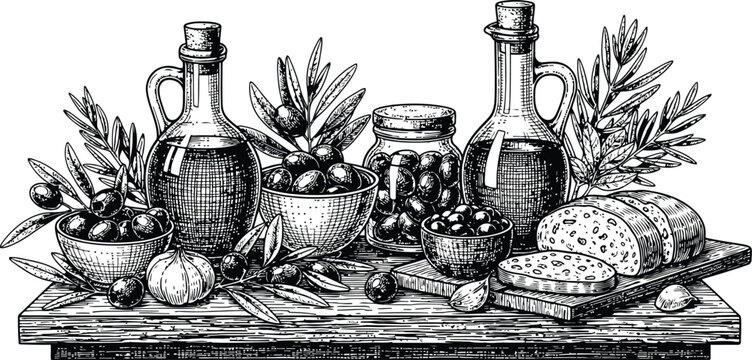 Olive oil bottles and jars with olives and bread on a wooden board in a hand-drawn style