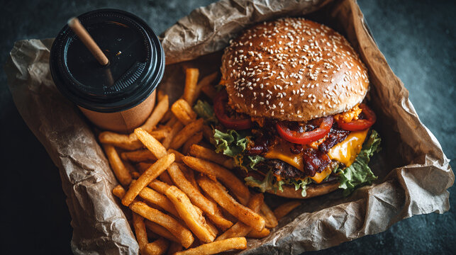 Enjoying a tasty burger and fries with a drink at a casual dining spot during lunch time