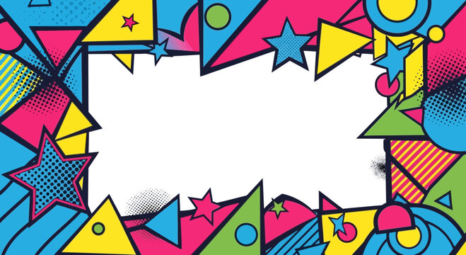 Retro 80s Pop Art Frame with Geometric Shapes, Stars, and Memphis Style Elements