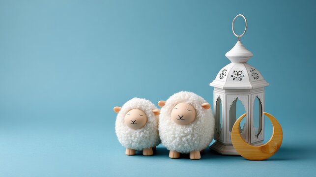 Two little white sheep with a white lantern and golden crescent moon on blue background