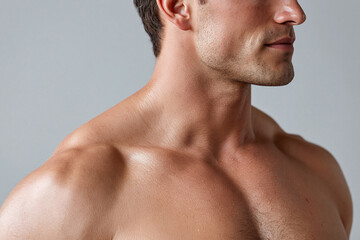 Naklejka premium Smooth hydrated male shoulder and neck close up under soft daylight highlighting skin texture and muscle definition