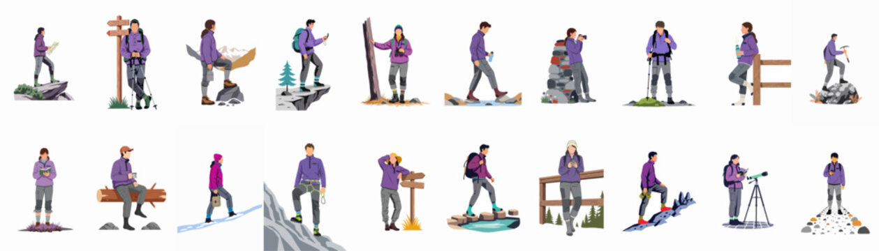 Comprehensive collection of flat vector illustrations featuring diverse characters engaged in various hiking, climbing, and outdoor adventure activities in mountainous landscapes.
