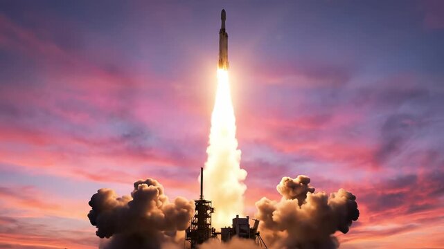 Powerful Rocket Liftoff Against Vibrant Sunset Sky | Space Exploration Technology