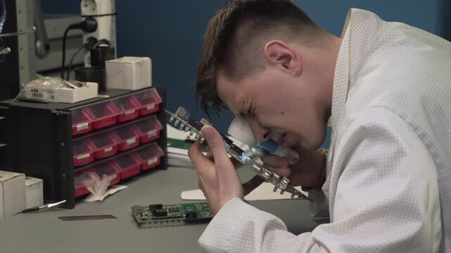 A young electronics engineer examines small details on a circuit board through a magnifying glass while sitting in the laboratory.